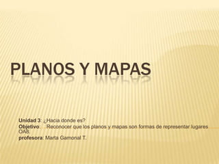 PLANOS Y MAPAS
Unidad 3: ¿Hacia donde es?
Objetivo: Reconocer que los planos y mapas son formas de representar lugares
OA8.
profesora: Marta Gamonal T.

 