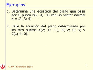 11
Ejemplos
1. Determine una ecuación del plano que pasa
por el punto P(2; 4; -1) con un vector normal
n = 2; 3; 4
2. Halle la ecuación del plano determinado por
los tres puntos A(2; 1; –1), B(–2; 0; 3) y
C(1; 4; 0).
 