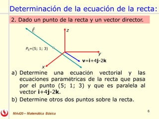 6
2. Dado un punto de la recta y un vector director.
a) Determine una ecuación vectorial y las
ecuaciones paramétricas de la recta que pasa
por el punto (5; 1; 3) y que es paralela al
vector i+4j-2k.
b) Determine otros dos puntos sobre la recta.

v=i+4j-2k
y
x
z
P0=(5; 1; 3)
Determinación de la ecuación de la recta:
 