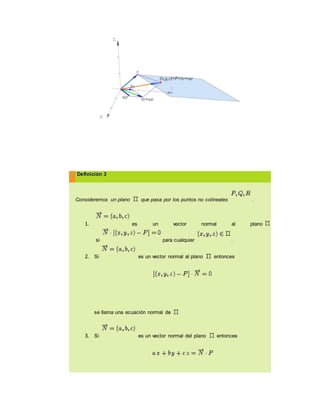 Definición 3
Consideremos un plano que pasa por los puntos no colineales .
1. es un vector normal al plano
si para cualquier .
2. Si es un vector normal al plano entonces
se llama una ecuación normal de
3. Si es un vector normal del plano entonces
 