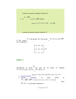 se llama una ecuación cartesiana del plano
4. Si y si entonces
se llama una ecuación vectorial del plano
Tres puntos y
son no colineales si
EJEMPLO 3
Consideremos un plano que pasa por los puntos no colineales
y
1. Ecuación vectorial:
2. Ecuación cartesiana: un vector normal es
. Como
, una ecuación cartesiana es
 