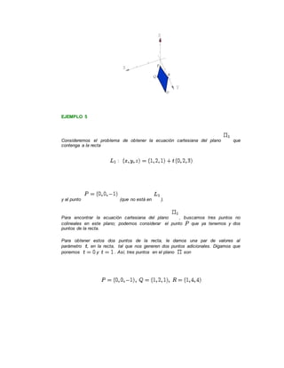EJEMPLO 5
Consideremos el problema de obtener la ecuación cartesiana del plano que
contenga a la recta
y al punto (que no está en ).
Para encontrar la ecuación cartesiana del plano , buscamos tres puntos no
colineales en este plano; podemos considerar el punto que ya tenemos y dos
puntos de la recta.
Para obtener estos dos puntos de la recta, le damos una par de valores al
parámetro , en la recta, tal que nos generen dos puntos adicionales. Digamos que
ponemos y . Así, tres puntos en el plano son
 