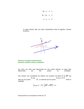no tiene solución (hay una clara inconsistencia entre la segunda y tercera
ecuación).
Planos en el espacio tridimensional.
Ecuación vectorial, normal y cartesiana
Así como una recta esta determinada por dos puntos distintos, un plano está
determinado por tres puntos no colineales.
Una manera muy conveniente de obtener una ecuación del plano en que
pasa por los puntos , es observar que los puntos tienen la
propiedad
Esta ecuación es una ecuación normal de
 