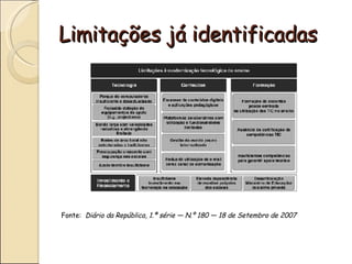 Limitações já identificadas




Fonte: Diário da República, 1.ª série — N.º 180 — 18 de Setembro de 2007
 