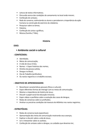 ▪ Leitura de textos informativos;
▪ Discussão acerca das condições do saneamento no local onde moram;
▪ Confecção de cartazes;
▪ Roda de conversa, estimulando os alunos a perceberem a importância da ação
humana na construção do exercício da cidadania;
▪ Pesquisar sobre os temas;
▪ Palestra;
▪ Confecção de cartaz e gráficos;
▪ Música (Família / Titãs);
História
EIXO:
• Ambiente social e cultural
- CONTEÚDOS:
➢ Identidade;
➢ Meios de comunicação;
➢ A vida de Jesus Cristo;
➢ Nomes -> Expor histórias dos nomes;
➢ Direitos da pessoa autista;
➢ Dengue no Brasil;
➢ Dia do Trabalho (profissões);
➢ Os navios negreiros e o trabalho escravo;
- OBJETIVO DE APRENDIZAGEM:
▪ Reconhecer características pessoais (física e cultural);
▪ Expor diferentes formas de interagir com os meios de comunicação;
▪ Mostrar a importância da história de Jesus;
▪ Discutir o papel social da educação inclusiva;
▪ Expor vídeos e panfletos sobre a evolução dos casos de dengue;
▪ Rodas de conversas sobre as profissões;
▪ Analisar as precárias condições da travessia do Atlântico nos navios negreiros;
- ESTRATÉGIAS:
▪ Rodas de conversa (aula expositivas);
▪ Apresentação dos meios de comunicação mostrando seus avanços;
▪ Explicar e discutir sobre a vida de Jesus;
▪ Ler e interpretar sobre os autistas;
▪ Confecção de cartazes sobre a dengue, os cuidados que devemos ter;
 