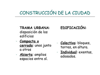 CONSTRUCCIÓN DE LA CIUDAD

-

-

TRAMA URBANA:
disposición de los
edificios
Compacta o
cerrada: unos junto
a otros
Abierta: amplios
espacios entre sí.

EDIFICACIÓN:

-

Colectiva: bloques,
torres, en altura.
Individual: exentas,
adosados.

 