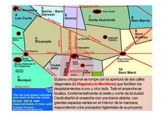 Elplano ortogonal serompe con la apertura de dos calles
diagonales (la Diagonalyla Meridiana) que facilitan los
desplazamientos auno y otro lado. Todoel ensanchese
localiza, fundamentalmente al oeste u norte de laciudad.
Cerdádiseñó el ensanchecon una trama abierta, con
grandes espaciosverdes en el interior de la manzana,
respondiendo alos preceptos higienistas de suproyecto.
 