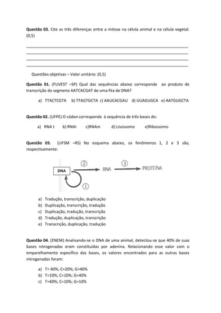 Questão 03. Cite as três diferenças entre a mitose na célula animal e na célula vegetal.
(0,5)

_________________________________________________________________________
_________________________________________________________________________
_________________________________________________________________________
_________________________________________________________________________

  Questões objetivas – Valor unitário: (0,5)

Questão 01. (FUVEST –SP) Qual das sequências abaixo corresponde ao produto de
transcrição do segmeno AATCACGAT de uma fita de DNA?

      a) TTACTCGTA       b) TTAGTGCTA c) AAUCACGAU d) UUAGUGCA e) AATGUGCTA


Questão 02. (UFPE) O códon corresponde à sequência de três bases do:

     a) RNA t       b) RNAr      c)RNAm        d) Lisossomo    e)Ribossomo


Questão 03. (UFSM –RS) No esquema abaixo, os fenômenos 1, 2 e 3 são,
respectivamente:



                 DNA
                  AB




      a)   Tradução, transcrição, duplicação
      b)   Duplicação, transcrição, tradução
      c)   Duplicação, tradução, transcrição
      d)   Tradução, duplicação, transcrição
      e)   Transcrição, duplicação, tradução


Questão 04. (ENEM) Analisando-se o DNA de uma animal, detectou-se que 40% de suas
bases nitrogenadas eram constituídas por adenina. Relacionando esse valor com o
emparelhamento específico das bases, os valores encontrados para as outras bases
nitrogenadas foram:

      a) T= 40%; C=20%; G=40%
      b) T=10%; C=10%; G=40%
      c) T=40%; C=10%; G=10%
 