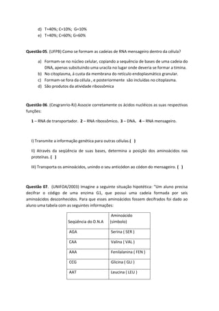 d) T=40%; C=10%; G=10%
      e) T=40%; C=60%; G=60%


Questão 05. (UFPB) Como se formam as cadeias de RNA mensageiro dentro da célula?

      a) Formam-se no núcleo celular, copiando a sequência de bases de uma cadeia do
         DNA, apenas subsituindo uma uracila no lugar onde deveria se formar a timina.
      b) No citoplasma, á custa da membrana do retículo endoplasmático granular.
      c) Formam-se fora da célula , e posteriormente são incluídas no citoplasma.
      d) São produtos da atividade ribossômica



Questão 06. (Cesgranrio-RJ) Associe corretamente os ácidos nucléicos as suas respectivas
funções:

  1 – RNA de transportador. 2 – RNA ribossômico. 3 – DNA. 4 – RNA mensageiro.



  I) Transmite a informação genética para outras células.( )

  II) Através da seqüência de suas bases, determina a posição dos aminoácidos nas
  proteínas. ( )

  III) Transporta os aminoácidos, unindo o seu anticódon ao códon do mensageiro. ( )



Questão 07. (UNIFOA/2003) Imagine a seguinte situação hipotética: “Um aluno precisa
decifrar o código de uma enzima G1, que possui uma cadeia formada por seis
aminoácidos desconhecidos. Para que esses aminoácidos fossem decifrados foi dado ao
aluno uma tabela com as seguintes informações:

                                              Aminoácido
                      Seqüência do D.N.A     (símbolo)

                       AGA                    Serina ( SER )

                       CAA                    Valina ( VAL )

                       AAA                    Fenilalanina ( FEN )

                       CCG                    Glicina ( GLI )

                       AAT                    Leucina ( LEU )
 