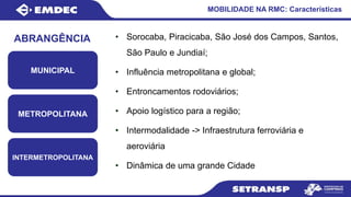 MOBILIDADE NA RMC: Características
 Ordenamento Territorial:
• Expansão urbana: crescimento espraiado,
conformando áreas loteadas permeadas por grandes
vazios;
• Condomínios de médio-alto padrão (Loteamentos de
grandes dimensões desconectadas do tecido urbano);
• Consolidação de grandes áreas de ocupação precária
em regiões repletas de vazios intraurbanos.
• A longo prazo: demanda por infraestruturas viárias e de
transportes devido a ineficiência causada pela
saturação do sistema atual, devido o intenso fluxo de
deslocamentos oriundos das parcelas desconectadas
do tecido urbano.
MUNICIPAL
METROPOLITANA
INTERMETROPOLITANA
ABRANGÊNCIA  Dinâmicas Econômicas
• Polos atrativos: distritos industriais e condomínios
logísticos. Movimentos pendulares da mão de obra
empregada nestas atividades.
• Eixo Americana-Vinhedo: formação de relevantes áreas
para planejamento de transportes.
• Eixo ferroviário Paulista -> Trem Regional
• Sorocaba, Piracicaba, São José dos Campos, Santos,
São Paulo e Jundiaí;
• Influência metropolitana e global;
• Entroncamentos rodoviários;
• Apoio logístico para a região;
• Intermodalidade -> Infraestrutura ferroviária e
aeroviária
• Dinâmica de uma grande Cidade
 