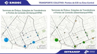 Terminais de Ônibus, Estações de Transferência
e Pontos de Conexão (Desembarque/HPM)
Terminais de Ônibus, Estações de Transferência
e Pontos de Conexão (Embarque/HPM)
TRANSPORTE COLETIVO: Pontos de E/D na Área Central
 