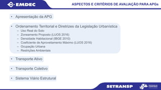 ASPECTOS E CRITÉRIOS DE AVALIAÇÃO PARA APGs
• Apresentação da APG
• Ordenamento Territorial e Diretrizes da Legislação Urbanística
– Uso Real do Solo
– Zoneamento Proposto (LUOS 2016)
– Densidade Habitacional (IBGE 2010)
– Coeficiente de Aproveitamento Máximo (LUOS 2016)
– Ocupação Urbana
– Restrições Ambientais
• Transporte Ativo
• Transporte Coletivo
• Sistema Viário Estrutural
 