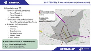 • Infraestrutura de TC
– Terminais de Ônibus Urbanos:
• Term. Mercado I;
• Term. Mercado III;
• Term. Central;
– Terminal de Ônibus Metropolitano
• Term. Metropolitano Magalhães Teixeira
– Estações de Transferência:
• Dª Libânia;
• Anchieta
• Expedicionários
• Senador Saraiva
• Moraes Salles
• Irmã Serafina
APG CENTRO: Transporte Coletivo (Infraestrutura)
 Cerca de 202 pontos de parada de ônibus;
 4,94 km de faixa preferencial;
 5,07 km de faixa exclusiva.
 