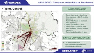 APG CENTRO: Transporte Coletivo (Bacia de Atendimento)
• Term. Central LINHAS TRONCAIS
• Term. Ouro verde – 4 ôn/h na
linha expressa e 8 ôn/h na linha
paradora;
• Term. Vida Nova – 3 ôn/h com
linha expressa;
• Term. Vila União – 3 ôn/h
• Term. Itajaí – 6 ôn/h na linha
semi expressa e 2 ôn/h na linha
paradora;
• Term. Barão Geraldo – 9 ôn/h.
LINHAS CONVENCIONAIS
• 34 linhas distribuídas
principalmente na região sul e
sudoeste de Campinas.
 