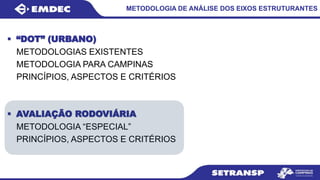 METODOLOGIA DE ANÁLISE DOS EIXOS ESTRUTURANTES
 “DOT” (URBANO)
METODOLOGIAS EXISTENTES
METODOLOGIA PARA CAMPINAS
PRINCÍPIOS, ASPECTOS E CRITÉRIOS
 AVALIAÇÃO RODOVIÁRIA
METODOLOGIA “ESPECIAL”
PRINCÍPIOS, ASPECTOS E CRITÉRIOS
 