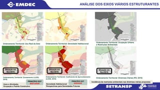 ANÁLISE DOS EIXOS VIÁRIOS ESTRUTURANTES
Ordenamento Territorial: Uso Real do Solo
Ordenamento Territorial: Zoneamento (LUOS,
2016)
Usos e Atividades
Ocupação e Padrão Construtivo
PRINCÍPIO DOT
MISTURAR
Situação em
Nov/2016
Situação em
Nov/2016
Ordenamento Territorial: Densidade Habitacional
Ordenamento Territorial: Coeficiente de Aproveitamento
(LUOS, 2016)
Densidade Habitacional
Perspectivas para Densidades Futuras
PRINCÍPIO DOT
ADENSAR
Ordenamento Territorial: Ocupação Urbana
e Restrições Ambientais
Ordenamento Territorial: Diretrizes Viárias (PD, 2016)
Situação em
Nov/2016
Incidência de restrições ambientais nas diretrizes viárias propostas
 