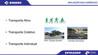 • Transporte Ativo
• Transporte Coletivo
• Transporte Individual
AVALIAÇÃO DAS CARÊNCIAS
Term. Campo Grande Corredor Amoreiras
 