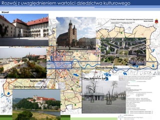 Rozwój z uwzględnieniem wartości dziedzictwa kulturowego
Wawel

Rynek Główny

Centrum Nowej Huty

Bulwary Wisły
Opactwo Benedyktynów w Tyńcu

Plac Bohaterów Getta

 