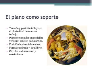 El plano como soporte 
• Tamaño y posición influye en 
el efecto final de nuestro 
trabajo. 
• Plano rectangular en posición 
vertical= tensión hacia arriba. 
• Posición horizontal= calma. 
• Forma cuadrada = equilibrio. 
• Circular = dinamismo y 
movimiento. 
 