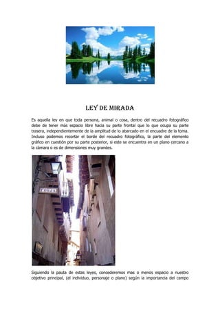 LEY DE MIRADA
Es aquella ley en que toda persona, animal o cosa, dentro del recuadro fotográfico
debe de tener más espacio libre hacia su parte frontal que lo que ocupa su parte
trasera, independientemente de la amplitud de lo abarcado en el encuadre de la toma.
Incluso podemos recortar el borde del recuadro fotográfico, la parte del elemento
gráfico en cuestión por su parte posterior, si este se encuentra en un plano cercano a
la cámara o es de dimensiones muy grandes.
Siguiendo la pauta de estas leyes, concederemos mas o menos espacio a nuestro
objetivo principal, (el individuo, personaje o plano) según la importancia del campo
 