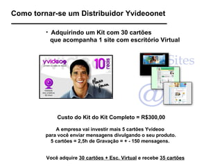 Como tornar-se um Distribuidor Yvideoonet Adquirindo um Kit com 30 cartões  que acompanha 1 site com escritório Virtual A empresa vai investir mais 5 cartões Yvideoo para você   enviar mensagens divulgando o seu produto. 5 cartões = 2,5h de Gravação = + - 150 mensagens. Você adquire  30 cartões + Esc. Virtual  e recebe  35 cartões Custo do Kit do Kit Completo = R$300,00 