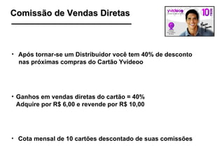 Comissão de Vendas Diretas Após tornar-se um Distribuidor você tem 40% de desconto  nas próximas compras do Cartão Yvideoo Ganhos em vendas diretas do cartão = 40%  Adquire por R$ 6,00 e revende por R$ 10,00 Cota mensal de 10 cartões descontado de suas comissões 