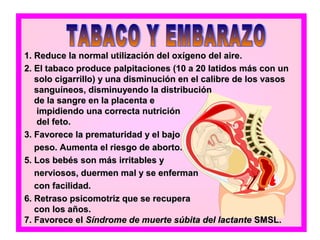 1. Reduce la normal utilización del oxígeno del aire.
2. El tabaco produce palpitaciones (10 a 20 latidos más con un
   solo cigarrillo) y una disminución en el calibre de los vasos
   sanguíneos, disminuyendo la distribución
   de la sangre en la placenta e
    impidiendo una correcta nutrición
    del feto.
3. Favorece la prematuridad y el bajo
   peso. Aumenta el riesgo de aborto.
5. Los bebés son más irritables y
   nerviosos, duermen mal y se enferman
   con facilidad.
6. Retraso psicomotriz que se recupera
   con los años.
7. Favorece el Síndrome de muerte súbita del lactante SMSL.
 