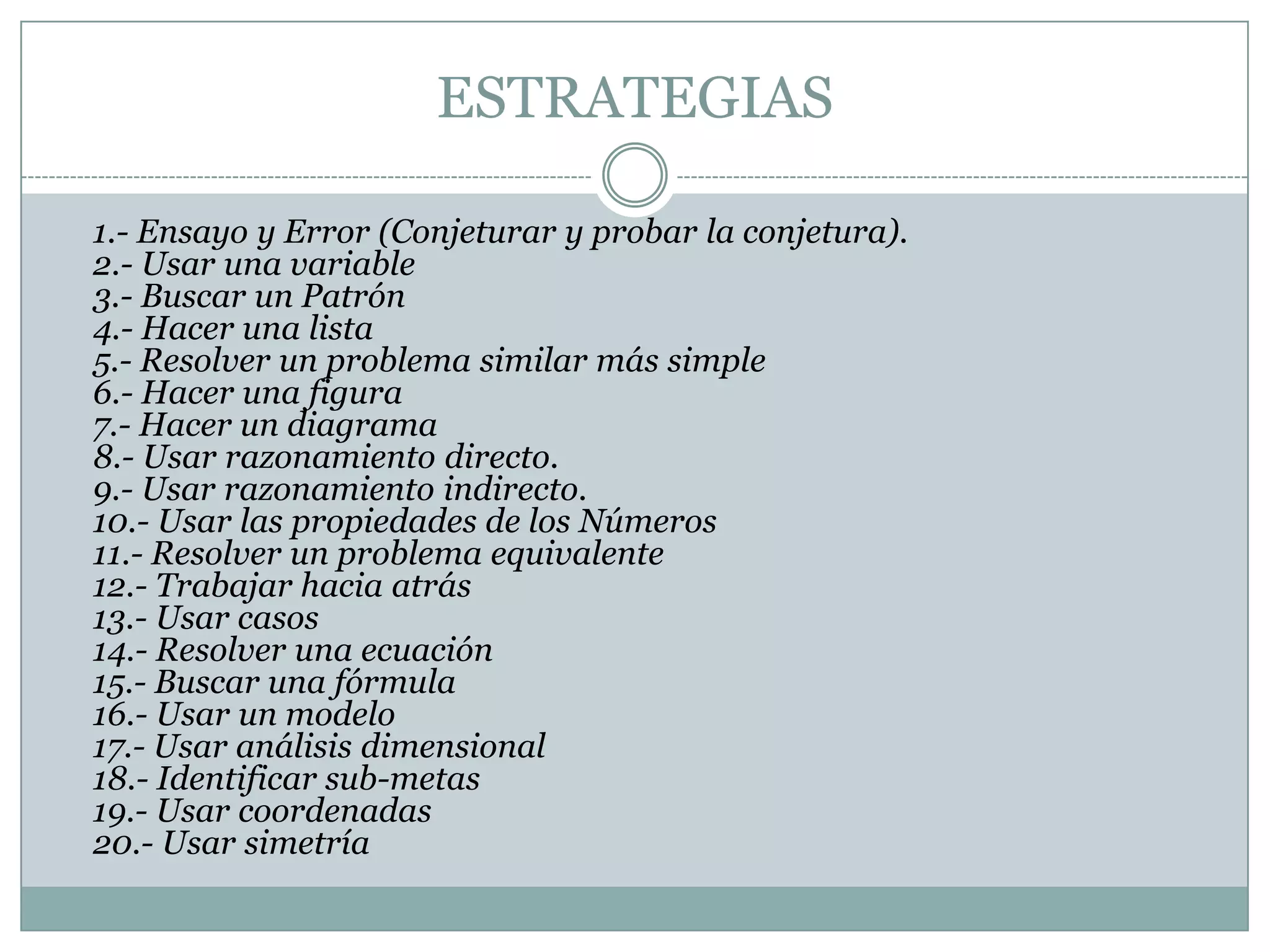 ESTRATEGIAS 	1.- Ensayo y Error (Conjeturar y probar la conjetura). 2.- Usar una variable3.- Buscar un Patrón 4.- Hacer una lista5.- Resolver un problema similar más simple6.- Hacer una figura7.- Hacer un diagrama 8.- Usar razonamiento directo. 9.- Usar razonamiento indirecto. 10.- Usar las propiedades de los Números11.- Resolver un problema equivalente12.- Trabajar hacia atrás13.- Usar casos 14.- Resolver una ecuación 15.- Buscar una fórmula16.- Usar un modelo17.- Usar análisis dimensional18.- Identificar sub-metas19.- Usar coordenadas20.- Usar simetría