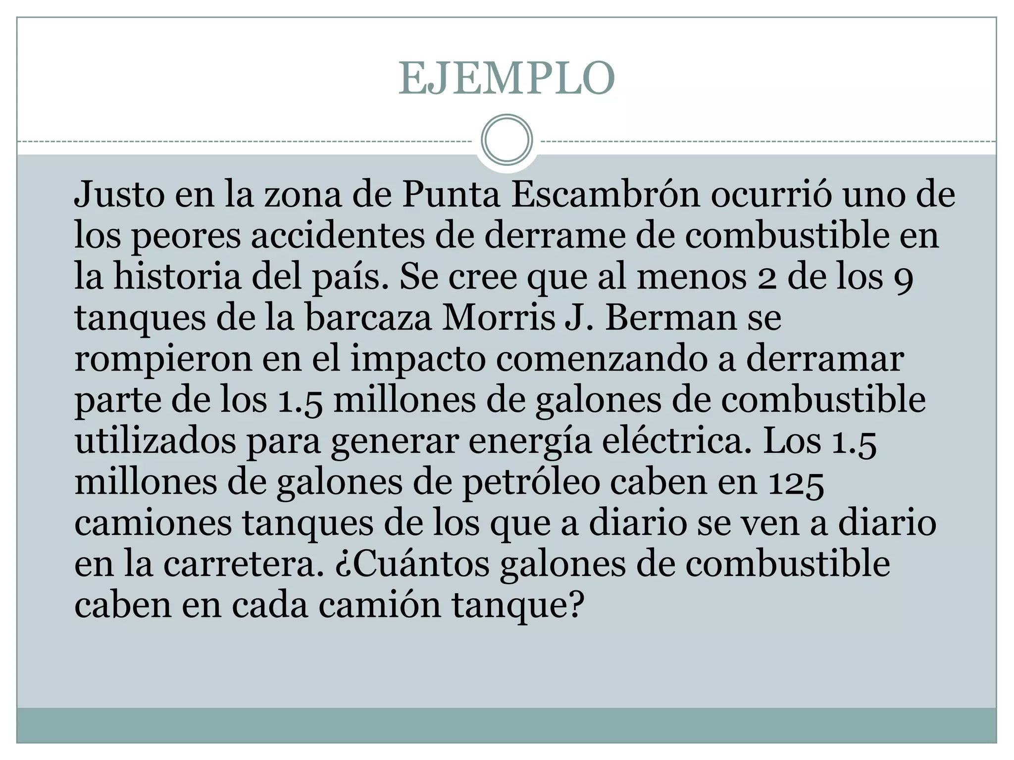 EJEMPLO	Justo en la zona de Punta Escambrón ocurrió uno de los peores accidentes de derrame de combustible en la historia del país. Se cree que al menos 2 de los 9 tanques de la barcaza Morris J. Berman se rompieron en el impacto comenzando a derramar parte de los 1.5 millones de galones de combustible utilizados para generar energía eléctrica. Los 1.5 millones de galones de petróleo caben en 125 camiones tanques de los que a diario se ven a diario en la carretera. ¿Cuántos galones de combustible caben en cada camión tanque?