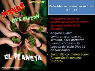 Cada árbol se conoce por su fruto.
(Lc 6, 43
• Preparar y cuidar la
corona de Adviento cuatro
semanas antes de la
Navidad
• Adquirir cuatro
compromisos, uno por
semana, para preparar
nuestro corazón a la
llegada del Niño Dios 21
de Noviembre
• Eucaristía conmemoración
fundación de nuestro
Instituto
 