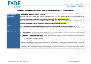 Servicio de Ayudas y Subvenciones
                                                                                                                                    Área de Servicios a Asociados


                 AYUDAS DEL PROGRAMA DE INCENTIVOS DEL VEHÍCULO EFICIENTE (PIVE-2). 2ª CONVOCATORIA.


ÓRGANO EMISOR            MINISTERIO DE INDUSTRIA, ENERGÍA Y TURISMO

NORMATIVA               Resolución de 31 de enero de 2012, de la Secretaria de Estado de Energía, por la que se publica la de 30 de enero de 2013, del Consejo de
                        Administración del Instituto para la Diversificación y Ahorro de la Energía, por la que se establecen las bases reguladoras de la segunda
                        convocatoria de ayudas del “Programa de Incentivos al Vehículo Eficiente (PIVE-2). (BOE nº 28 de 01/02/2013)
                        Resolución de 28 de septiembre de 2012, de la Secretaría de Estado de Energía, por la que se publica la de 24 de septiembre de 2012, del
                        Consejo de Administración del Instituto para la Diversificación y Ahorro de la Energía, por la que se establecen las bases reguladoras para la
                        convocatoria de ayudas del Programa de Incentivos al Vehículo Eficiente. (BOE nº 235 de 29/09/2012).

OBJETO                  Potenciar una disminución del consumo energético nacional mediante la incentivación de la modernización del parque de vehículos turismo
                        (M1) y comerciales (N1) con modelos de alta eficiencia energética, con menos consumo de combustibles y emisiones de CO2.
                        El Programa tendrá como objetivo estimado cuantitativo, retirar de la circulación hasta un máximo de 150.000 vehículos con más de diez o de siete
                        años de antigüedad según se trate, respectivamente, de vehículos de la categoría M1 o de la categoría N1.

BENEFICIARIOS           1. Personas físicas. En el caso de los profesionales autónomos, habrán de estar dados de alta en el Impuesto de Actividades Económicas.
                        2. Las microempresas, entendiendo como tales aquellas empresas que ocupan a menos de 10 personas y cuyo importe neto de la cifra anual de
                            negocios o total de las partidas de activo no supere los 2 millones de €.
                        3. Las pequeñas y medianas empresas (Pymes), definidas de acuerdo con lo definido en el anexo I del Reglamento (CE) nº 800/2008 de la
                            Comisión, y que cumplan los siguientes requisitos:
                                    Que empleen a menos de 250 personas.
                                    Que su importe neto de la cifra anual de negocios no exceda de 50 millones de €, o el total de las partidas del activo no exceda los 43
                                     millones de €.
                         * Los criterios señalados en los puntos anteriores deberán ser los correspondientes al último ejercicio contable cerrado antes de la fecha de
                        solicitud de la ayuda. Si a la fecha de publicación de esta convocatoria, alguna empresa no dispusiera del ejercicio contable cerrado, la concesión de
                        la ayuda quedará condicionada a que, en la primera fecha de cierre contable, se cumplieran los citados límites.
                        *El beneficiario deberá encontrarse al corriente en el cumplimiento de sus obligaciones tributarias y con la Seguridad Social, lo que se acreditará
                        mediante declaración responsable que suscribirá junto con la solicitud de ayuda.




Teléfono: 985 23 21 05 / Fax: 985 24 41 76                                                                                                infoayudas@fade.es
 