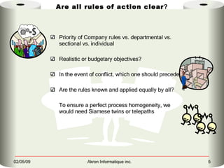 Are all rules of action  clear ? Priority of Company rules vs. departmental vs. sectional vs. individual Realistic or budgetary objectives? In the event of conflict, which one should precede?   Are the rules known and applied equally by all? To ensure a perfect process homogeneity, we would need Siamese twins or telepaths 