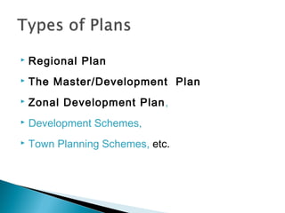 

Regional Plan



The Master/Development Plan



Zonal Development Plan,



Development Schemes,



Town Planning Schemes, etc.

 