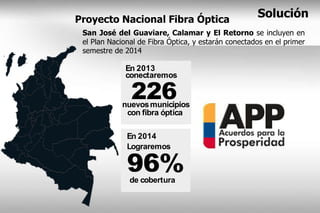 Proyecto Nacional Fibra Óptica
                                                     Solución
 San José del Guaviare, Calamar y El Retorno se incluyen en
 el Plan Nacional de Fibra Óptica, y estarán conectados en el primer
 semestre de 2014

             En 2013
             conectaremos

               226
            nuevos municipios
             con fibra óptica

              En 2014
              Lograremos

              96%
               de cobertura
 