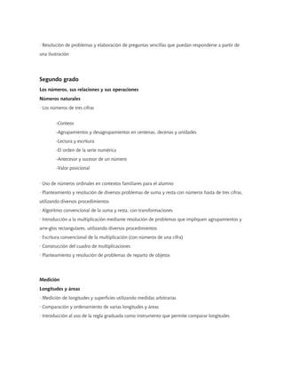 · Resolución de problemas y elaboración de preguntas sencillas que puedan responderse a partir de
una ilustración
Segundo grado
Los números, sus relaciones y sus operaciones
Números naturales
· Los números de tres cifras
-Conteos
-Agrupamientos y desagrupamientos en centenas, decenas y unidades
-Lectura y escritura
-El orden de la serie numérica
-Antecesor y sucesor de un número
-Valor posicional
· Uso de números ordinales en contextos familiares para el alumno
· Planteamiento y resolución de diversos problemas de suma y resta con números hasta de tres cifras,
utilizando diversos procedimientos
· Algoritmo convencional de la suma y resta, con transformaciones
· Introducción a la multiplicación mediante resolución de problemas que impliquen agrupamientos y
arre-glos rectangulares, utilizando diversos procedimientos
· Escritura convencional de la multiplicación (con números de una cifra)
· Construcción del cuadro de multiplicaciones
· Planteamiento y resolución de problemas de reparto de objetos
Medición
Longitudes y áreas
· Medición de longitudes y superficies utilizando medidas arbitrarias
· Comparación y ordenamiento de varias longitudes y áreas
· Introducción al uso de la regla graduada como instrumento que permite comparar longitudes
 