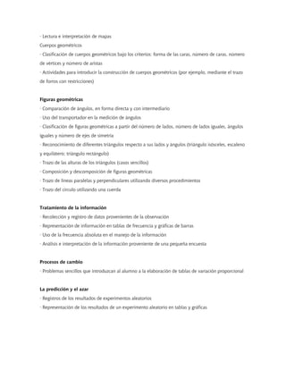 · Lectura e interpretación de mapas
Cuerpos geométricos
· Clasificación de cuerpos geométricos bajo los criterios: forma de las caras, número de caras, número
de vértices y número de aristas
· Actividades para introducir la construcción de cuerpos geométricos (por ejemplo, mediante el trazo
de forros con restricciones)
Figuras geométricas
· Comparación de ángulos, en forma directa y con intermediario
· Uso del transportador en la medición de ángulos
· Clasificación de figuras geométricas a partir del número de lados, número de lados iguales, ángulos
iguales y número de ejes de simetría
· Reconocimiento de diferentes triángulos respecto a sus lados y ángulos (triángulo isósceles, escaleno
y equilátero; triángulo rectángulo)
· Trazo de las alturas de los triángulos (casos sencillos)
· Composición y descomposición de figuras geométricas
· Trazo de líneas paralelas y perpendiculares utilizando diversos procedimientos
· Trazo del círculo utilizando una cuerda
Tratamiento de la información
· Recolección y registro de datos provenientes de la observación
· Representación de información en tablas de frecuencia y gráficas de barras
· Uso de la frecuencia absoluta en el manejo de la información
· Análisis e interpretación de la información proveniente de una pequeña encuesta
Procesos de cambio
· Problemas sencillos que introduzcan al alumno a la elaboración de tablas de variación proporcional
La predicción y el azar
· Registros de los resultados de experimentos aleatorios
· Representación de los resultados de un experimento aleatorio en tablas y gráficas
 