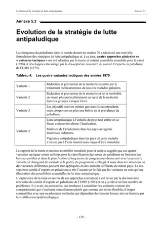Evolution de la stratégie de lutte antipaludique                                              Annexe 5.3



Annexe 5.3


Evolution de la stratégie de lutte
antipaludique
La résurgence du paludisme dans le monde durant les années 70 a nécessité une nouvelle
formulation des stratégies de lutte antipaludique et, à ce jour, quatre approches générales ou
« variantes tactiques » ont été adoptées par la trente et unième assemblée mondiale pour la santé
(1978) et développées davantage par la dix-septième rencontre du comité d’experts en paludisme
de l’OMS (1979).

Tableau 4.          Les quatre variantes tactiques des années 1970

                               Réduction et prevention de la mortalité palustre par le
Variante 1
                               traitement médicamenteux de tous les maladies paluéens
                               Reduction et prevention de la mortalité et de la morbidité
Variante 2                     en visant plus particulièrement un recul de la mortalité
                               dans les groupes à risqué élevé.
                               Les objectifs sont les mêmes que dans le cas precedent,
Variante 3                     mais comportent en plus une baisse de la prevalence du
                               paludisme
                               Lutte antipaludique à l’échelle du pays tout entire en se
                               fixant comme but ultime l’éradication.
                               Maintien de l’éradication dans les pays ou regions
Variante 4
                               désormais indemnes.
                               Vigilance antipaludique dans les pays où cette maladie
                               n’existe pas à l’état naturel mais risqué d’être introduite.

Le rapport de la trente et unième assemblée mondiale pour la santé a suggéré que ces quatre
variantes tactiques soient utilisées pour la classification des zones de paludisme en fonction des
buts accessibles et dans la planification à long terme de programmes démarrant avec la première
variante et changeant de variante si la portée du programme s’élargit et aussi dans les situations où
des variantes différentes peuvent être appliquées en des endroits différents du même pays. Le dix-
septième comité d’experts en paludisme a mis l’accent sur le fait que les variantes ne sont qu’une
illustration des possibilités essentielles de la lutte antipaludique.
L’expérience de la mise en œuvre de ces approches (variantes) a été revue par la dix-huitième
rencontre du comité d’experts en paludisme de l’OMS (1985) et on y a relevé un bon nombre de
problèmes. Il y avait, en particulier, une tendance à considérer les variantes comme des
compartiments qui s’excluent mutuellement plutôt que comme des séries flexibles d’étapes
compatibles avec une ou plusieurs méthodes qui dépendent des besoins locaux mis en lumière par
la stratification épidémiologique.




                                                       - 139 -
 