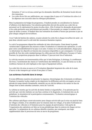La planification de programmes de lutte contre le paludisme                             Guide du stagiaire



    formation. C’est à ce niveau central que les demandes identifiées de formation locale doivent
    être transmises.
·   Les coûts divers liés aux publications, aux voyages dans le pays et à l’extérieur de celui-ci et
    les dépenses non couvertes dans les rubriques précédentes.

Dans la préparation du budget du programme, il faudrait prendre en considération les facteurs
d’inflation et de dépréciation. Une attention particulière devrait être portée aux coûts liés au
personnel car ils représentent les postes les plus chers. Afin d’estimer les demandes du personnel
et les coûts pertinents aussi précisément que possible, il faut prendre en compte le nombre et les
types de tâches à mener. Il faudrait faire une estimation du nombre d’heures par personne et par an
pour chaque catégorie de travailleurs.

Avec l’aide du barème des salaires, on peut calculer les coûts liés à chaque travailleur de santé ; on
peut donc calculer aussi le coût total des ressources humaines requises.

Le coût d’un programme dépend des méthodes de lutte sélectionnées. Etant donné la grande
variation dans l’application des mesures et dans l’évaluation et l’entretien des opérations, ce coût
peut varier considérablement d’un pays à un autre. Comme on l’a dit précédemment, chaque pays
va sélectionner les objectifs en fonction des ressources disponibles et, par conséquent, il n’est pas
possible de fixer des coûts standard puisque les cibles peuvent être différentes d’un pays à l’autre.
Pourtant, les proportions proposées dans le tableau 15 peuvent tenir lieu d’indication.

Le coût des mesures environnementales telles que la lutte biologique, le drainage, le comblement
des trous, l’assèchement des marais et l’amélioration des habitations, n’a pas été inclus au vu des
nombreux facteurs de coût impliqués et des types d’équipement utilisés.

Les coûts liés à la mise en œuvre et à l’évaluation dépendent largement des coûts de la main
d’œuvre et des transports qui varient d’une place à l’autre.

Les schémas d’activité dans le temps

Il existe différentes manières de présenter la séquence chronologique des évènements en tableaux.
Pourtant, la manière la plus simple est de répertorier les différentes activités envisagées sur une
période de temps donnée (bisannuelle, annuelle) sur un côté du tableau et de mettre en face de
chaque item la durée attendue (semaines, mois) de l’activité.

Le schéma ne montre que les activités de durée limitée et séquentielles ; il ne présente pas les
activités qui vont être réalisées sur une base continue ni le diagnostic, le traitement des cas de
paludisme, la stimulation de la participation communautaire, l’évaluation entomologique et
l’entretien des véhicules.

Des schémas spécifiques seront nécessaires pour chaque activité telle que la mise sur pied de listes
de villages à étudier, d’un calendrier pour les réunions dans les villages, d’un plan d’utilisation et
d’entretien des véhicules et d’itinéraires pour les équipes de pulvérisation. Cette partie de
l’organisation des opérations est faite au niveau périphérique dans le contexte de chaque service
spécialisé. La préparation de ces schémas détaillés constitue, par conséquent, une étape
supplémentaire dans le processus de mise en œuvre du programme.




                                                              - 180 -
 