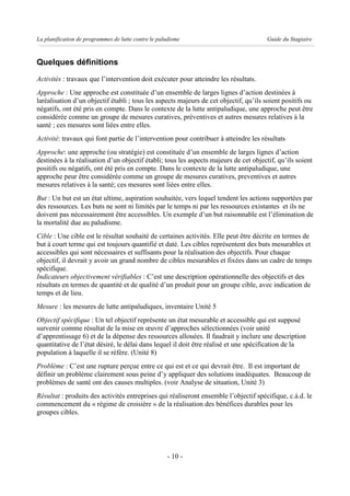 La planification de programmes de lutte contre le paludisme                           Guide du Stagiaire



Quelques définitions
Activités : travaux que l’intervention doit exécuter pour atteindre les résultats.
Approche : Une approche est constituée d’un ensemble de larges lignes d’action destinées à
laréalisation d’un objectif établi ; tous les aspects majeurs de cet objectif, qu’ils soient positifs ou
négatifs, ont été pris en compte. Dans le contexte de la lutte antipaludique, une approche peut être
considérée comme un groupe de mesures curatives, préventives et autres mesures relatives à la
santé ; ces mesures sont liées entre elles.
Activité: travaux qui font partie de l’intervention pour contribuer à atteindre les résultats
Approche: une approche (ou stratégie) est constituée d’un ensemble de larges lignes d’action
destinées à la réalisation d’un objectif établi; tous les aspects majeurs de cet objectif, qu’ils soient
positifs ou négatifs, ont été pris en compte. Dans le contexte de la lutte antipaludique, une
approche peur être considérée comme un groupe de mesures curatives, preventives et autres
mesures relatives à la santé; ces mesures sont liées entre elles.
But : Un but est un état ultime, aspiration souhaitée, vers lequel tendent les actions supportées par
des ressources. Les buts ne sont ni limités par le temps ni par les ressources existantes et ils ne
doivent pas nécessairement être accessibles. Un exemple d’un but raisonnable est l’élimination de
la mortalité due au paludisme.
Cible : Une cible est le résultat souhaité de certaines activités. Elle peut être décrite en termes de
but à court terme qui est toujours quantifié et daté. Les cibles représentent des buts mesurables et
accessibles qui sont nécessaires et suffisants pour la réalisation des objectifs. Pour chaque
objectif, il devrait y avoir un grand nombre de cibles mesurables et fixées dans un cadre de temps
spécifique.
Indicateurs objectivement vérifiables : C’est une description opérationnelle des objectifs et des
résultats en termes de quantité et de qualité d’un produit pour un groupe cible, avec indication de
temps et de lieu.
Mesure : les mesures de lutte antipaludiques, inventaire Unité 5
Objectif spécifique : Un tel objectif représente un état mesurable et accessible qui est supposé
survenir comme résultat de la mise en œuvre d’approches sélectionnées (voir unité
d’apprentissage 6) et de la dépense des ressources allouées. Il faudrait y inclure une description
quantitative de l’état désiré, le délai dans lequel il doit être réalisé et une spécification de la
population à laquelle il se réfère. (Unité 8)
Problème : C’est une rupture perçue entre ce qui est et ce qui devrait être. Il est important de
définir un problème clairement sous peine d’y appliquer des solutions inadéquates. Beaucoup de
problèmes de santé ont des causes multiples. (voir Analyse de situation, Unité 3)
Résultat : produits des activités entreprises qui réaliseront ensemble l’objectif spécifique, c.à.d. le
commencement du « régime de croisière » de la réalisation des bénéfices durables pour les
groupes cibles.




                                                     - 10 -
 