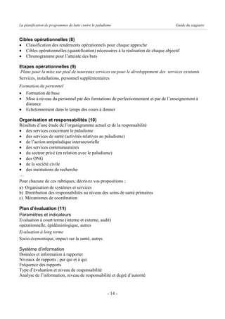 La planification de programmes de lutte contre le paludisme                            Guide du stagiaire


Cibles opérationnelles (8)
· Classification des rendements opérationnels pour chaque approche
· Cibles opérationnelles (quantification) nécessaires à la réalisation de chaque objectif
· Chronogramme pour l’atteinte des buts

Etapes opérationnelles (9)
Plans pour la mise sur pied de nouveaux services ou pour le développement des services existants
Services, installations, personnel supplémentaires
Formation du personnel
·   Formation de base
·   Mise à niveau du personnel par des formations de perfectionnement et par de l’enseignement à
    distance
·   Echelonnement dans le temps des cours à donner

Organisation et responsabilités (10)
Résultats d’une étude de l’organigramme actuel et de la responsabilité
· des services concernant le paludisme
· des services de santé (activités relatives au paludisme)
· de l’action antipaludique intersectorielle
· des services communautaires
· du secteur privé (en relation avec le paludisme)
· des ONG
· de la société civile
· des institutions de recherche
…
Pour chacune de ces rubriques, décrivez vos propositions ;
a) Organisation de systèmes et services
b) Distribution des responsabilités au niveau des soins de santé primaires
c) Mécanismes de coordination

Plan d’évaluation (11)
Paramètres et indicateurs
Evaluation à court terme (interne et externe, audit)
opérationnelle, épidémiologique, autres
Evaluation à long terme
Socio-économique, impact sur la santé, autres

Système d’information
Données et information à rapporter
Niveaux de rapports ; par qui et à qui
Fréquence des rapports
Type d’évaluation et niveau de responsabilité
Analyse de l’information, niveau de responsabilité et degré d’autorité



                                                        - 14 -
 