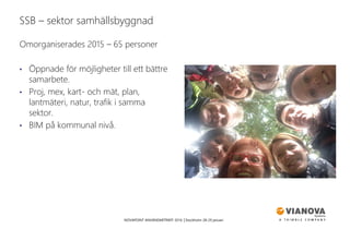 NOVAPOINT ANVÄNDARTRÄFF 2016 │Stockholm 28-29 januari
Omorganiserades 2015 – 65 personer
• Öppnade för möjligheter till ett bättre
samarbete.
• Proj, mex, kart- och mät, plan,
lantmäteri, natur, trafik i samma
sektor.
• BIM på kommunal nivå.
SSB – sektor samhällsbyggnad
 