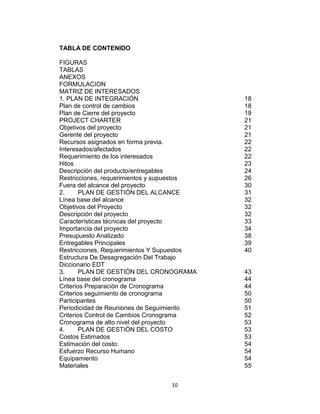 10
TABLA DE CONTENIDO
FIGURAS
TABLAS
ANEXOS
FORMULACION
MATRIZ DE INTERESADOS
1. PLAN DE INTEGRACIÓN 18
Plan de control de cambios 18
Plan de Cierre del proyecto 19
PROJECT CHARTER 21
Objetivos del proyecto 21
Gerente del proyecto 21
Recursos asignados en forma previa. 22
Interesados/afectados 22
Requerimiento de los interesados 22
Hitos 23
Descripción del producto/entregables 24
Restricciones, requerimientos y supuestos 26
Fuera del alcance del proyecto 30
2. PLAN DE GESTIÓN DEL ALCANCE 31
Línea base del alcance 32
Objetivos del Proyecto 32
Descripción del proyecto 32
Características técnicas del proyecto 33
Importancia del proyecto 34
Presupuesto Analizado 38
Entregables Principales 39
Restricciones, Requerimientos Y Supuestos 40
Estructura De Desagregación Del Trabajo
Diccionario EDT
3. PLAN DE GESTIÓN DEL CRONOGRAMA 43
Línea base del cronograma 44
Criterios Preparación de Cronograma 44
Criterios seguimiento de cronograma 50
Participantes 50
Periodicidad de Reuniones de Seguimiento 51
Criterios Control de Cambios Cronograma 52
Cronograma de alto nivel del proyecto 53
4. PLAN DE GESTIÓN DEL COSTO 53
Costos Estimados 53
Estimación del costo: 54
Esfuerzo Recurso Humano 54
Equipamiento 54
Materiales 55
 