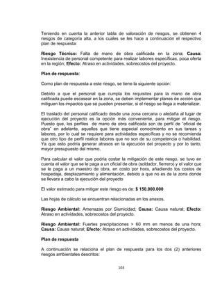 103
Teniendo en cuenta la anterior tabla de valoración de riesgos, se obtienen 4
riesgos de categoría alta, a los cuales se les hace a continuación el respectivo
plan de respuesta:
Riesgo Técnico: Falta de mano de obra calificada en la zona; Causa:
Inexistencia de personal competente para realizar labores específicas, poca oferta
en la región; Efecto: Atraso en actividades, sobrecostos del proyecto.
Plan de respuesta:
Como plan de respuesta a este riesgo, se tiene la siguiente opción:
Debido a que el personal que cumpla los requisitos para la mano de obra
calificada puede escasear en la zona, se deben implementar planes de acción que
mitiguen los impactos que se pueden presentar, si el riesgo se llega a materializar.
El traslado del personal calificado desde una zona cercana o aledaña al lugar de
ejecución del proyecto es la opción más conveniente, para mitigar el riesgo.
Puesto que, los perfiles de mano de obra calificada son de perfil de “oficial de
obra” en adelante, aquellos que tiene especial conocimiento en sus tareas y
labores, por lo cual se requiere para actividades específicas y no se recomienda
que otro tipo de perfil realice labores que no son de su competencia o habilidad.
Ya que esto podría generar atrasos en la ejecución del proyecto y por lo tanto,
mayor presupuesto del mismo.
Para calcular el valor que podría costar la mitigación de este riesgo, se tuvo en
cuenta el valor que se le paga a un oficial de obra (soldador, fierrero) y el valor que
se le paga a un maestro de obra, en costo por hora, añadiendo los costos de
hospedaje, desplazamiento y alimentación, debido a que no es de la zona donde
se llevara a cabo la ejecución del proyecto
El valor estimado para mitigar este riesgo es de: $ 150.000.000
Las hojas de cálculo se encuentran relacionadas en los anexos.
Riesgo Ambiental: Amenazas por Sismicidad; Causa: Causa natural; Efecto:
Atraso en actividades, sobrecostos del proyecto.
Riesgo Ambiental: Fuertes precipitaciones > 60 mm en menos de una hora;
Causa: Causa natural; Efecto: Atraso en actividades, sobrecostos del proyecto.
Plan de respuesta
A continuación se relaciona el plan de respuesta para los dos (2) anteriores
riesgos ambientales descritos:
 