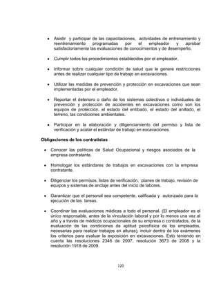 120
Asistir y participar de las capacitaciones, actividades de entrenamiento y
reentrenamiento programadas por el empleador y aprobar
satisfactoriamente las evaluaciones de conocimientos y de desempeño.
Cumplir todos los procedimientos establecidos por el empleador.
Informar sobre cualquier condición de salud que le genere restricciones
antes de realizar cualquier tipo de trabajo en excavaciones.
Utilizar las medidas de prevención y protección en excavaciones que sean
implementadas por el empleador.
Reportar el deterioro o daño de los sistemas colectivos o individuales de
prevención y protección de accidentes en excavaciones como son los
equipos de protección, el estado del entibado, el estado del anillado, el
terreno, las condiciones ambientales.
Participar en la elaboración y diligenciamiento del permiso y lista de
verificación y acatar el estándar de trabajo en excavaciones.
Obligaciones de los contratistas
Conocer las políticas de Salud Ocupacional y riesgos asociados de la
empresa contratante.
Homologar los estándares de trabajos en excavaciones con la empresa
contratante.
Diligenciar los permisos, listas de verificación, planes de trabajo, revisión de
equipos y sistemas de anclaje antes del inicio de labores.
Garantizar que el personal sea competente, calificada y autorizado para la
ejecución de las tareas.
Coordinar las evaluaciones médicas a todo el personal. (El empleador es el
único responsable, antes de la vinculación laboral y por lo menos una vez al
año y a través de médicos ocupacionales de su empresa o contratados, de la
evaluación de las condiciones de aptitud psicofísica de los empleados,
necesarias para realizar trabajos en alturas), incluir dentro de los exámenes
los criterios para evaluar la exposición en excavaciones. Esto teniendo en
cuenta las resoluciones 2346 de 2007, resolución 3673 de 2008 y la
resolución 1918 de 2009.
 