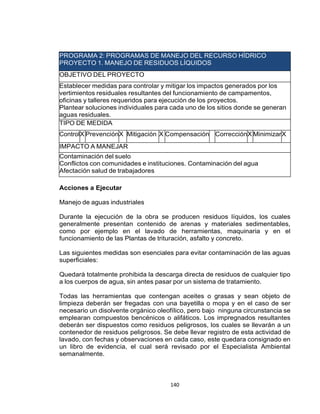 140
PROGRAMA 2: PROGRAMAS DE MANEJO DEL RECURSO HÍDRICO
PROYECTO 1. MANEJO DE RESIDUOS LÍQUIDOS
OBJETIVO DEL PROYECTO
Establecer medidas para controlar y mitigar los impactos generados por los
vertimientos residuales resultantes del funcionamiento de campamentos,
oficinas y talleres requeridos para ejecución de los proyectos.
Plantear soluciones individuales para cada uno de los sitios donde se generan
aguas residuales.
TIPO DE MEDIDA
ControlX PrevenciónX Mitigación X Compensación CorrecciónX MinimizarX
IMPACTO A MANEJAR
Contaminación del suelo
Conflictos con comunidades e instituciones. Contaminación del agua
Afectación salud de trabajadores
Acciones a Ejecutar
Manejo de aguas industriales
Durante la ejecución de la obra se producen residuos líquidos, los cuales
generalmente presentan contenido de arenas y materiales sedimentables,
como por ejemplo en el lavado de herramientas, maquinaria y en el
funcionamiento de las Plantas de trituración, asfalto y concreto.
Las siguientes medidas son esenciales para evitar contaminación de las aguas
superficiales:
Quedará totalmente prohibida la descarga directa de residuos de cualquier tipo
a los cuerpos de agua, sin antes pasar por un sistema de tratamiento.
Todas las herramientas que contengan aceites o grasas y sean objeto de
limpieza deberán ser fregadas con una bayetilla o mopa y en el caso de ser
necesario un disolvente orgánico oleofílico, pero bajo ninguna circunstancia se
emplearan compuestos bencénicos o alifáticos. Los impregnados resultantes
deberán ser dispuestos como residuos peligrosos, los cuales se llevarán a un
contenedor de residuos peligrosos. Se debe llevar registro de esta actividad de
lavado, con fechas y observaciones en cada caso, este quedara consignado en
un libro de evidencia, el cual será revisado por el Especialista Ambiental
semanalmente.
 