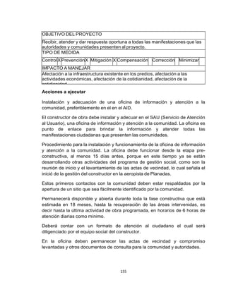 155
OBJETIVO DEL PROYECTO
Recibir, atender y dar respuesta oportuna a todas las manifestaciones que las
autoridades y comunidades presenten al proyecto.
TIPO DE MEDIDA
ControlX PrevenciónX Mitigación X Compensación Corrección Minimizar
IMPACTO A MANEJAR
Afectación a la infraestructura existente en los predios, afectación a las
actividades económicas, afectación de la cotidianidad, afectación de la
cotidianidad.
Acciones a ejecutar
Instalación y adecuación de una oficina de información y atención a la
comunidad, preferiblemente en el en el AID.
El constructor de obra debe instalar y adecuar en el SAU (Servicio de Atención
al Usuario), una oficina de información y atención a la comunidad. La oficina es
punto de enlace para brindar la información y atender todas las
manifestaciones ciudadanas que presenten las comunidades.
Procedimiento para la instalación y funcionamiento de la oficina de información
y atención a la comunidad. La oficina debe funcionar desde la etapa pre-
constructiva, al menos 15 días antes, porque en este tiempo ya se están
desarrollando otras actividades del programa de gestión social, como son la
reunión de inicio y el levantamiento de las actas de vecindad, lo cual señala el
inició de la gestión del constructor en la aeropista de Planadas.
Estos primeros contactos con la comunidad deben estar respaldados por la
apertura de un sitio que sea fácilmente identificado por la comunidad.
Permanecerá disponible y abierta durante toda la fase constructiva que está
estimada en 18 meses, hasta la recuperación de las áreas intervenidas, es
decir hasta la última actividad de obra programada, en horarios de 6 horas de
atención diarias como mínimo.
Deberá contar con un formato de atención al ciudadano el cual será
diligenciado por el equipo social del constructor.
En la oficina deben permanecer las actas de vecindad y compromiso
levantadas y otros documentos de consulta para la comunidad y autoridades.
 