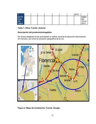 27
7 2015
ENTR
EGA
DE
OBRA
SABA
DO
12/12/
2015
Tabla 1. Hitos. Fuente: Autores
Descripción del producto/entregables
Se anexa desglose de las actividades a realizar durante la ejecución del proyecto
en mención, así como la ubicación geográfica de la vía.
Figura 4. Mapa de localización. Fuente: Google.
 