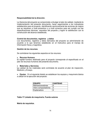 76
Responsabilidad de la dirección.
La Gerencia del proyecto se compromete a divulgar el plan de calidad, mediante la
implementación del presente documento, hacer seguimientos a los indicadores
establecidos para el proyecto, identificando oportunamente las acciones de mejora
que se requieran a nivel preventivo y a nivel correctivo para asi cumplir con las
especificaciones técnicas, requisitos del proyecto y lograr la satisfacción con la
construcción del alcance establecido.
Control de documentos, registros y datos
Los documentos, registros y datos derivados del proyecto se administrarán de
acuerdo a lo que tenemos establecido en el Instructivo para el manejo de
Información física y magnética.
Gestión de los recursos.
Se controlaran los siguientes aspectos en los recursos:
Recurso Humano.
El capital humano destinado para el proyecto corresponde al especificado en el
plan de recursos humanos del presente documento.
Materiales y Servicios.
La calidad de los materiales será controlada de acuerdo al plan de inspección,
Medición y Ensayo.
Equipo. En el siguiente listado se establecen los equipos y maquinaria básica
a utilizar en la ejecución del proyecto:
Tabla 17 Listado de maquinaria. Fuente autores
Matriz de requisitos.
EQUIPO CANTIDAD
Retroexcavadoras 5
Vibro compactadores 3
Explanadora 4
 