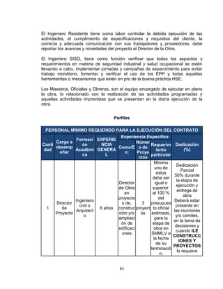 83
El Ingeniero Residente tiene como labor controlar la debida ejecución de las
actividades, el cumplimiento de especificaciones y requisitos del cliente, la
correcta y adecuada comunicación con sus trabajadores y proveedores, debe
reportar los avances y novedades del proyecto al Director de la Obra.
El Ingeniero SISO, tiene como función verificar que todos los aspectos y
requerimientos en materia de seguridad industrial y salud ocupacional se estén
llevando a cabo, implementar jornadas y campañas de esparcimiento para evitar
trabajo monótono, fomentar y verificar el uso de los EPP y todas aquellas
herramientas o mecanismos que estén en pro de la buena práctica HSE.
Los Maestros, Oficiales y Obreros, son el equipo encargado de ejecutar en pleno
la obra, lo relacionado con la realización de las actividades programadas y
aquellas actividades imprevistas que se presentan en la diaria ejecución de la
obra.
Perfiles
PERSONAL MÍNIMO REQUERIDO PARA LA EJECUCIÓN DEL CONTRATO
Canti
dad
Cargo a
desemp
eñar
Formaci
ón
Académi
ca
EXPERIE
NCIA
GENERA
L
Experiencia Específica
Dedicación
(%)
Como/E
n:
Númer
o de
Proye
ctos
Requerim
iento
particular
1
Director
de
Proyecto
Ingeniero
civil o
Arquitect
o
6 años
Director
de Obra
en
proyecto
s de,
construc
ción y/o
ampliaci
ón de
edificaci
ones
3
proyect
os
Mínimo
uno de
estos
debe ser
igual o
superior
al 100 %
del
presupues
to oficial
estimado,
para la
etapa de
obra en
SMMLV a
la fecha
de su
terminació
n.
Dedicación
Parcial
50% durante
la etapa de
ejecución y
entrega de
obra
Deberá estar
presente en
las reuniones
y/o comités,
en la toma de
decisiones y
cuando ILE
CONSTRUCC
IONES Y
PROYECTOS
lo requiera
 