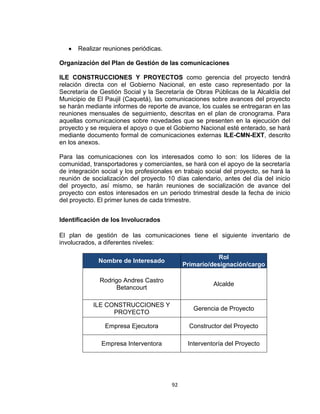 92
Realizar reuniones periódicas.
Organización del Plan de Gestión de las comunicaciones
ILE CONSTRUCCIONES Y PROYECTOS como gerencia del proyecto tendrá
relación directa con el Gobierno Nacional, en este caso representado por la
Secretaría de Gestión Social y la Secretaría de Obras Públicas de la Alcaldía del
Municipio de El Paujil (Caquetá), las comunicaciones sobre avances del proyecto
se harán mediante informes de reporte de avance, los cuales se entregaran en las
reuniones mensuales de seguimiento, descritas en el plan de cronograma. Para
aquellas comunicaciones sobre novedades que se presenten en la ejecución del
proyecto y se requiera el apoyo o que el Gobierno Nacional esté enterado, se hará
mediante documento formal de comunicaciones externas ILE-CMN-EXT, descrito
en los anexos.
Para las comunicaciones con los interesados como lo son: los líderes de la
comunidad, transportadores y comerciantes, se hará con el apoyo de la secretaría
de integración social y los profesionales en trabajo social del proyecto, se hará la
reunión de socialización del proyecto 10 días calendario, antes del día del inicio
del proyecto, así mismo, se harán reuniones de socialización de avance del
proyecto con estos interesados en un periodo trimestral desde la fecha de inicio
del proyecto. El primer lunes de cada trimestre.
Identificación de los Involucrados
El plan de gestión de las comunicaciones tiene el siguiente inventario de
involucrados, a diferentes niveles:
Nombre de Interesado
Rol
Primario/designación/cargo
Rodrigo Andres Castro
Betancourt
Alcalde
ILE CONSTRUCCIONES Y
PROYECTO
Gerencia de Proyecto
Empresa Ejecutora Constructor del Proyecto
Empresa Interventora Interventoría del Proyecto
 